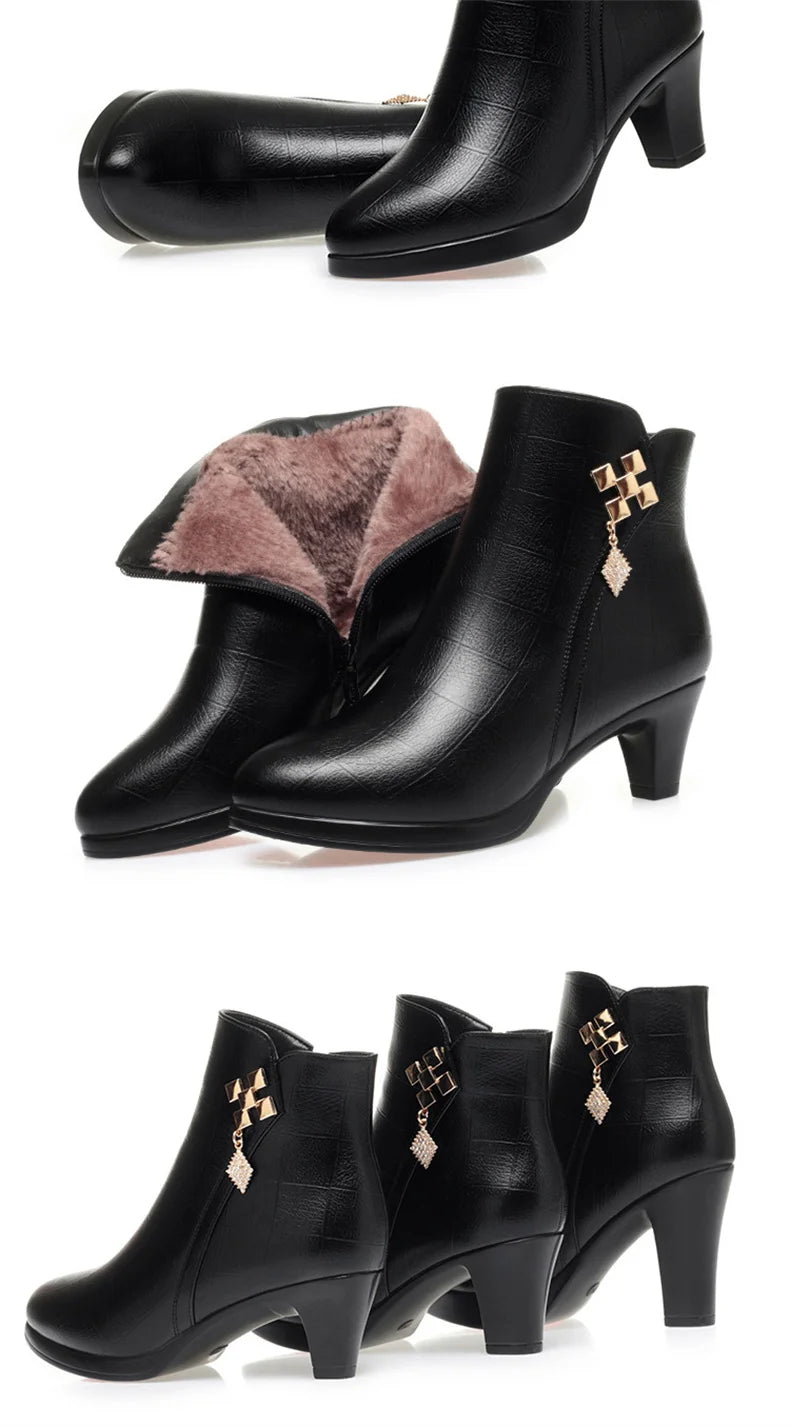 Women High Heels Soft Leather Ankle Boots Autumn Winter Platform Plush Boots Brand Fashion Point Toe Middle Heel Cotton Shoes