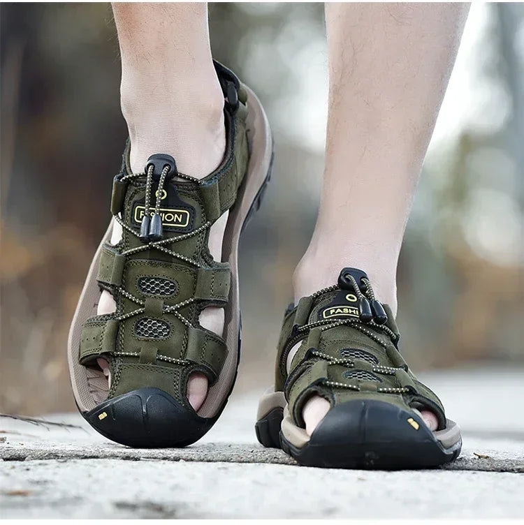 Summer Sandals Leather Outdoor Men Beach Shoes Luxury Breathable Casual Sandal Man Wading Shoes Non-slip Wide lining Slippers