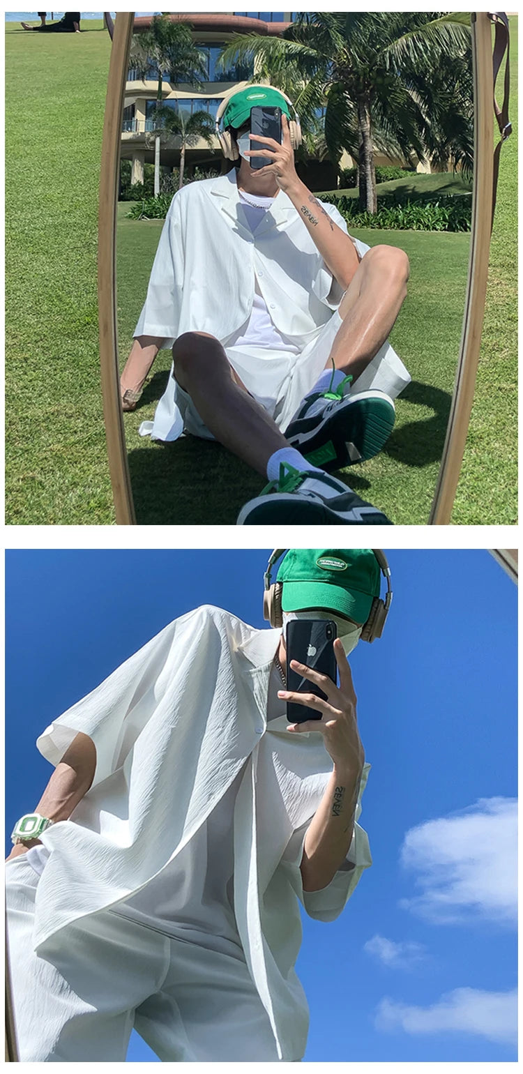 Summer Two-Piece Men's Sets Shirt and Shorts Casual Outfits Oversized Short Suit Plain Clothes Clean Fit Black White Green