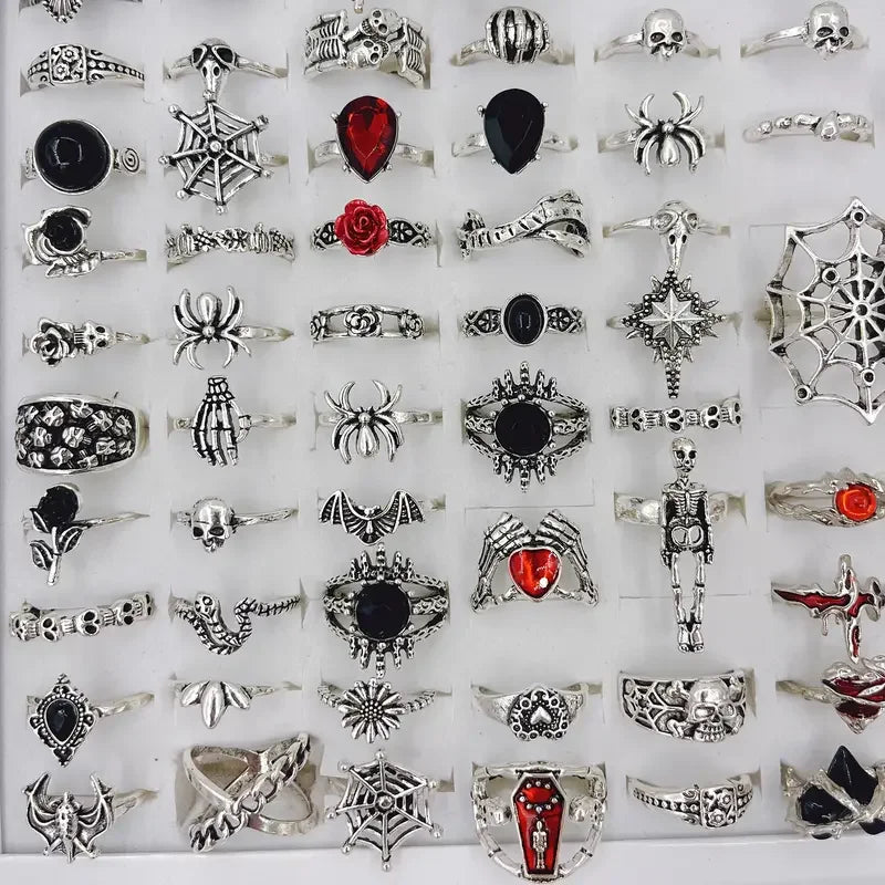 10/20/30Pieces Vintage Punk Spider Skull For Women Men Mix Style Gothic Dark Style Halloween Finger Rings Jewelry Party Festival