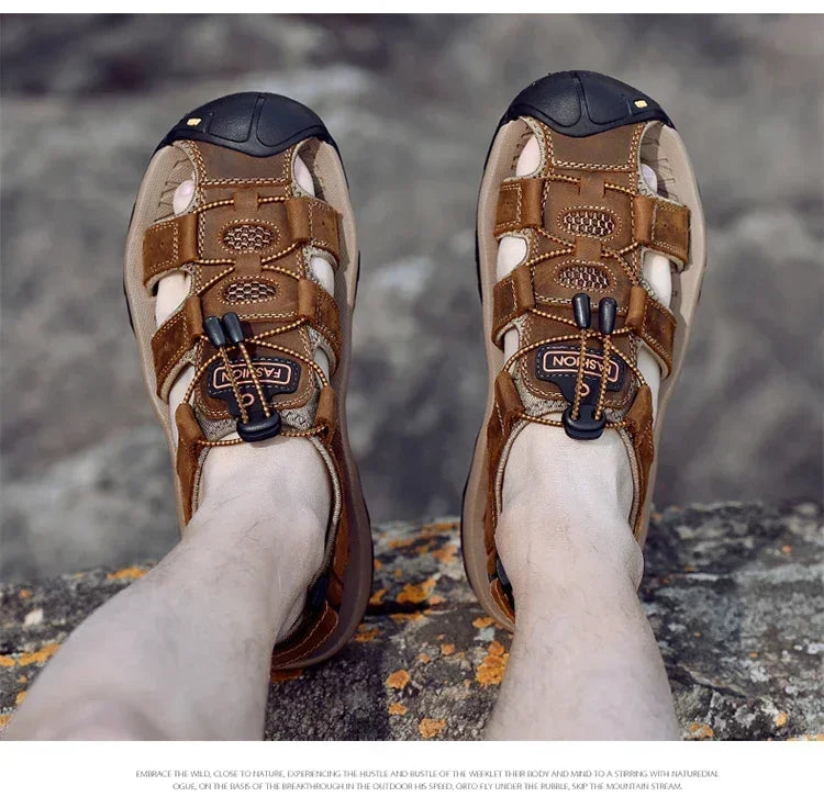 Summer Sandals Leather Outdoor Men Beach Shoes Luxury Breathable Casual Sandal Man Wading Shoes Non-slip Wide lining Slippers