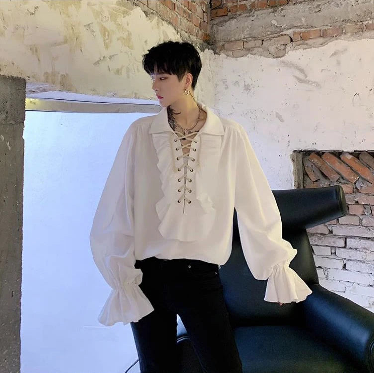 2025 New Women Pirate Shirt Vampire Prince Poet Shirts Medieval Buccaneer Frills Lace Up Renaissance Vintage Gothic Blouse Tops