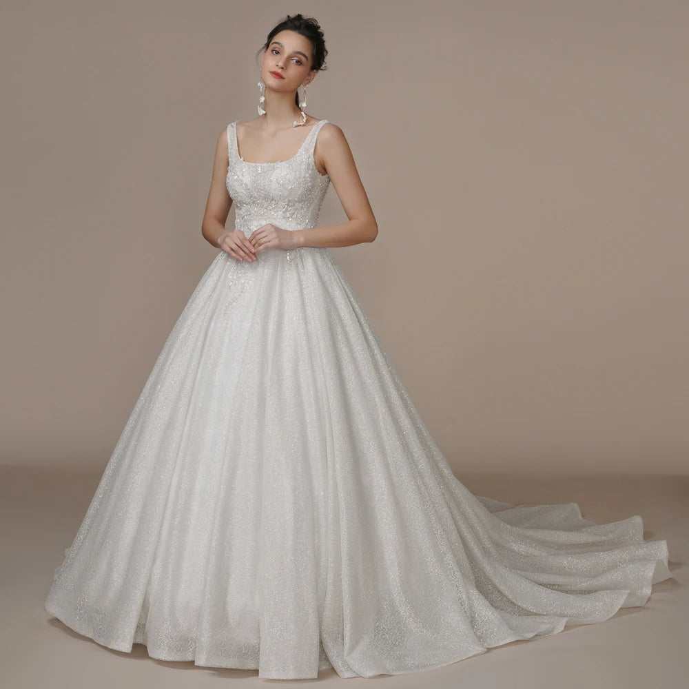 BEPEITHY Customized Luxury Strapless A Line Glitter Wedding Dresses Off The Shoulder Women Ivory Bling-Bling Bride Bridal Gown