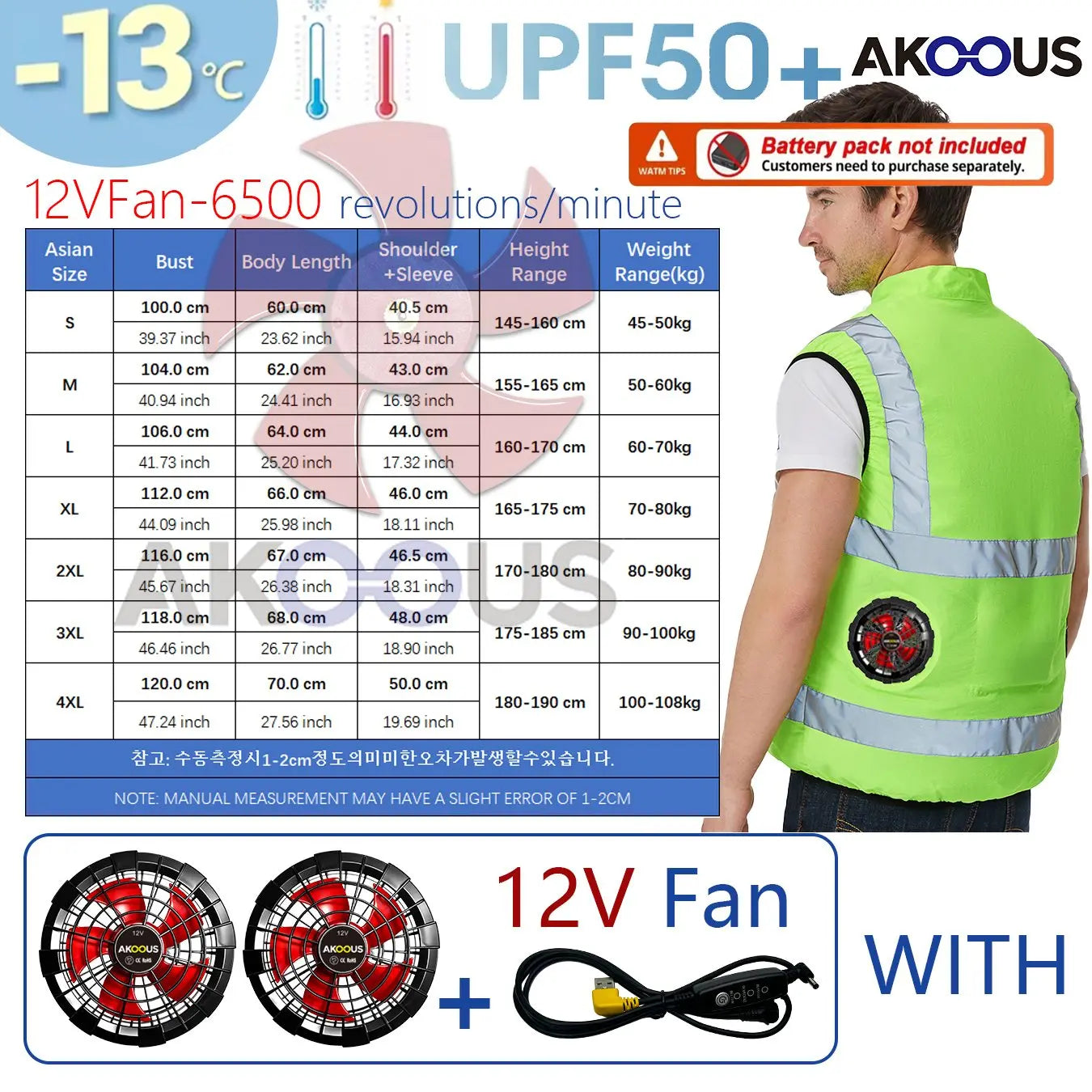 AKOOUS 6500 RPM 12V/5V USB 3-Fans Cooling Vest Air Conditioned Clothes Men Women Outdoor Work Fishing Body Cooling Jacket