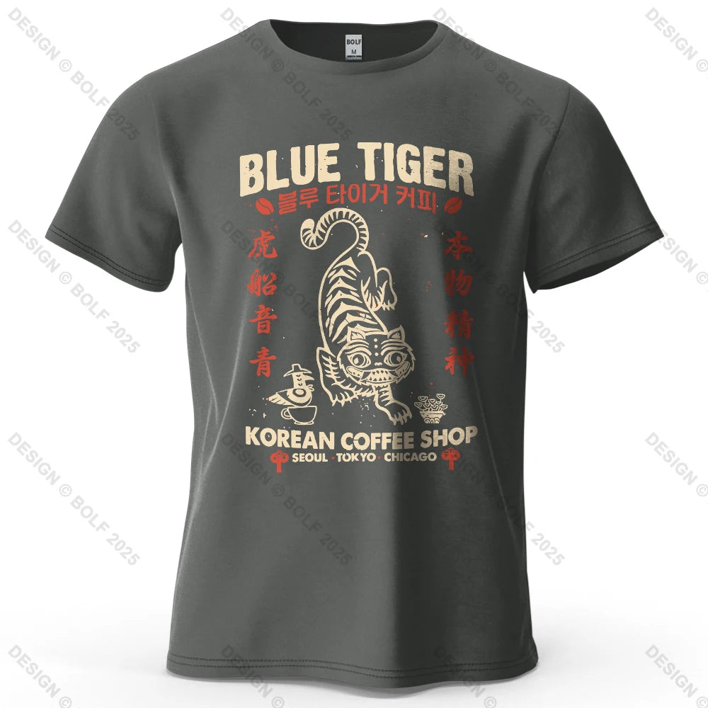 BLUE TIGER Trendy Printed Men's T-Shirt 100% Cotton Oversized Cultural Graphic Tees for Women Tops Tees Casual Streetwear