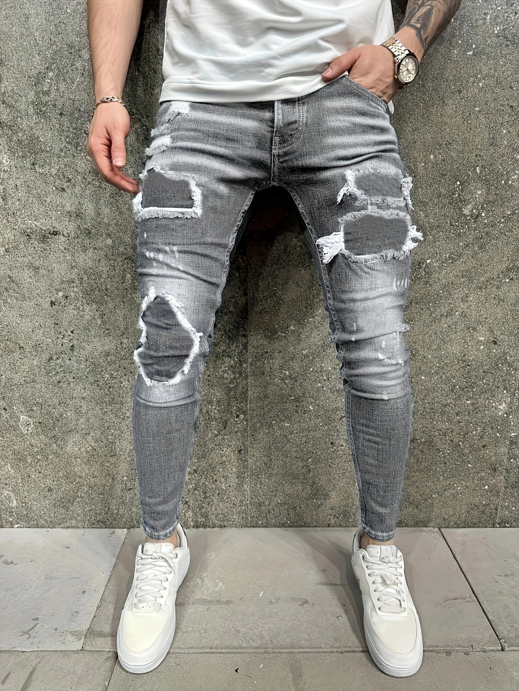 Men's Distressed Grey Jeans | Street Style Slim - Fit Ripped Denim Pants | Trendy Casual Trousers for Daily & Hip - Hop Looks