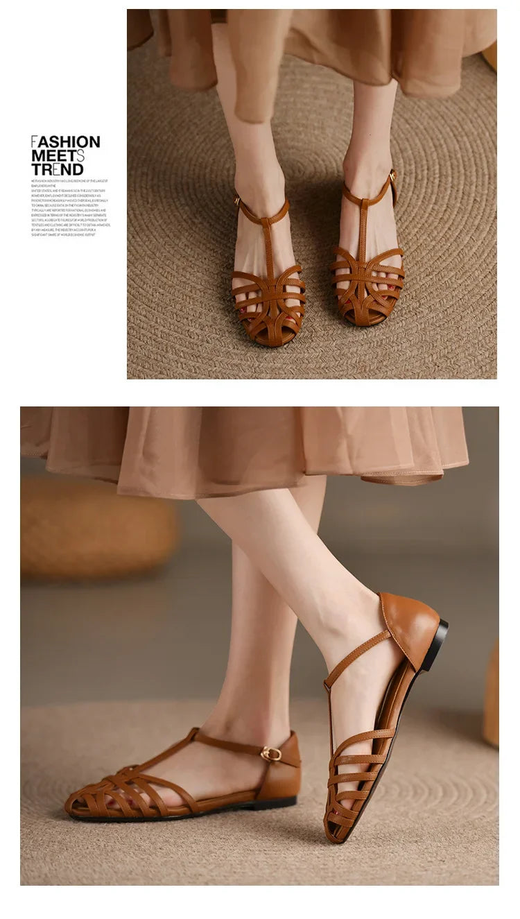 Shoes Female Sandal 2025 Women's Girls Beige New Summer Comfort Low Retro Flat Back Strap Square heel Rubber PU Scandals