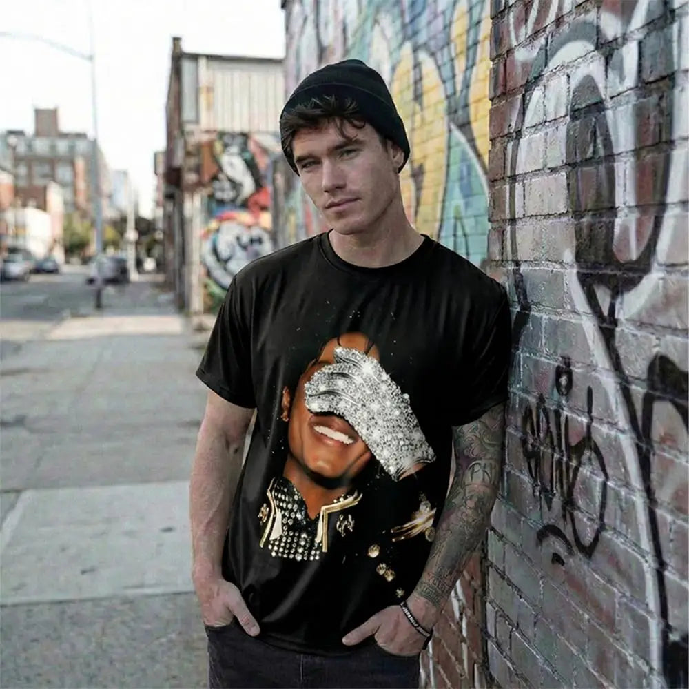 New MJ Michael Jackson Graphic Print T-shirt Summer Street Style Hip-hop Fashion Tee Men's And Women's Breathable Crew Neck Top