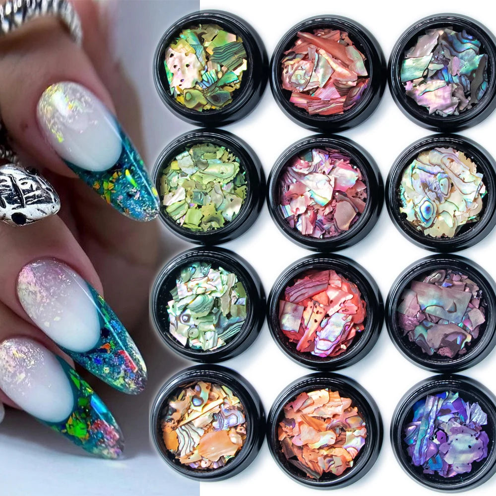 Set 12 Colores Láminas de Concha de Abalón para Nail Art – Efecto Aurora