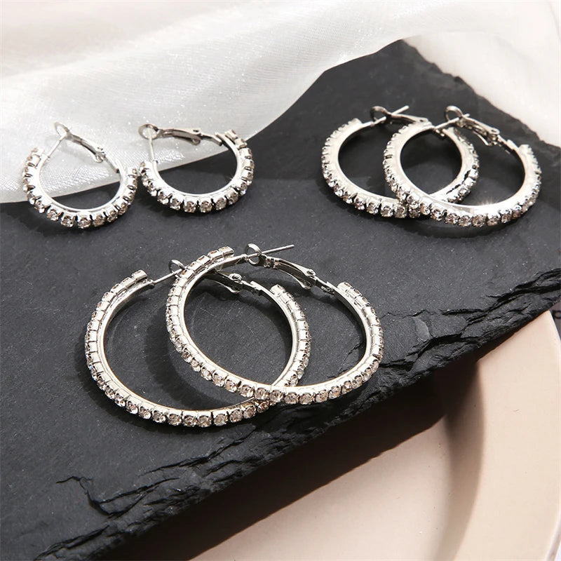 3 Pairs Full Shiny Rhinestone Hoop Earrings For Women Gold Color Sparkling Exaggerated Circle Earring Simple Luxury Jewelry Gift