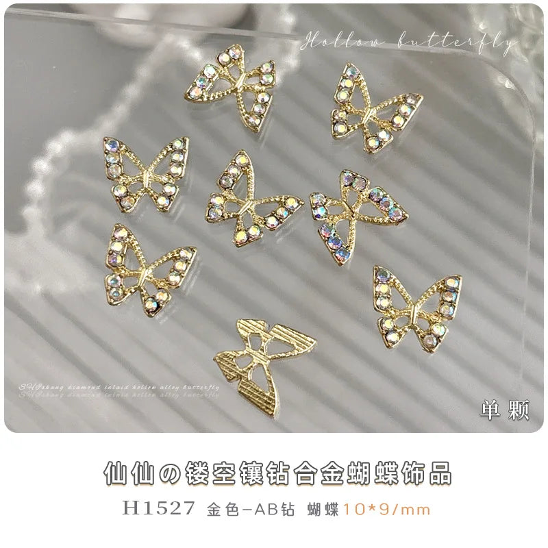 10PCS 3D Mini Crystal Butterfly Nail Art Charms Jewelry Parts Accessories Luxury Alloy Nails Decoration Rhinestones Supplies