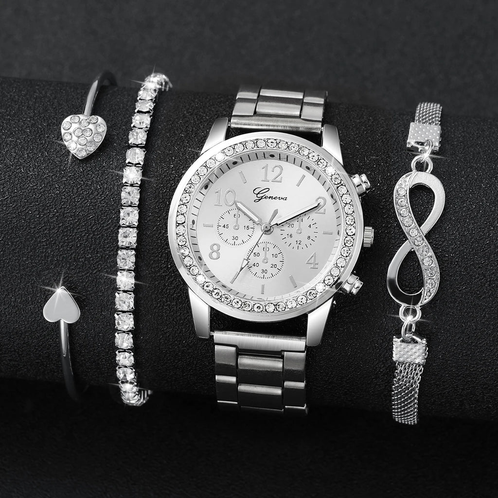 4PCS/Set Fashion Rhinestone Women's Watch Stainless Steel Band Analog Quartz Watches Bracelets Set（Without Box）