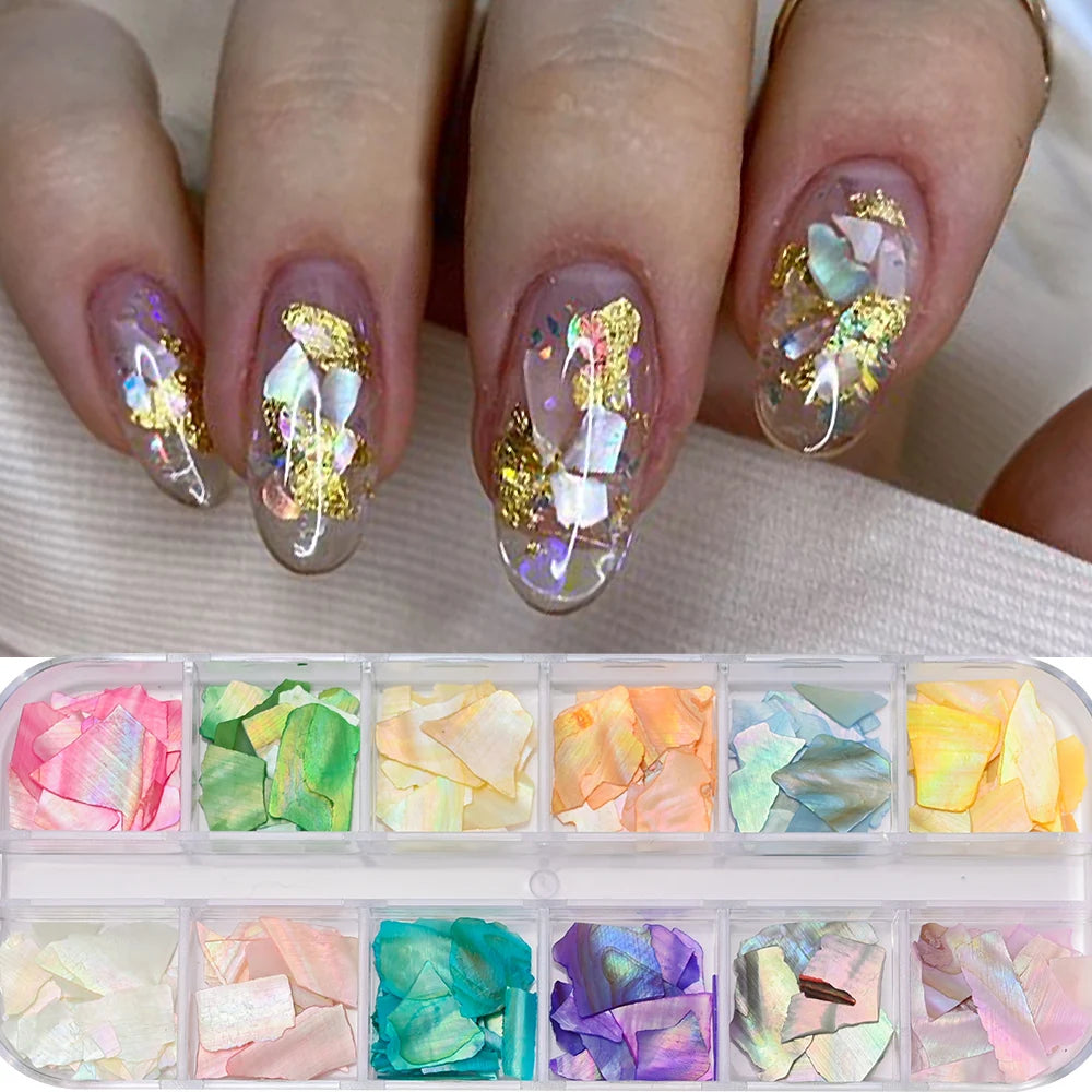 Set 12 Colores Láminas de Concha de Abalón para Nail Art – Efecto Aurora