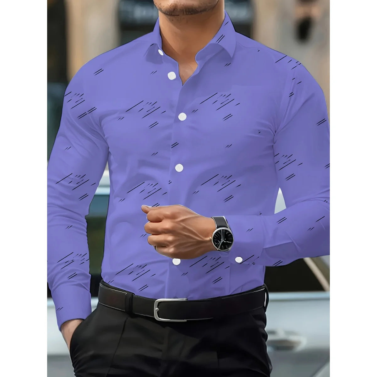 Men's Trendy Geometric 3D Line Print Long-Sleeved Shirt Men's Button up Shirt Casual Fashion Male White Shirt Lapel Shirt Tops