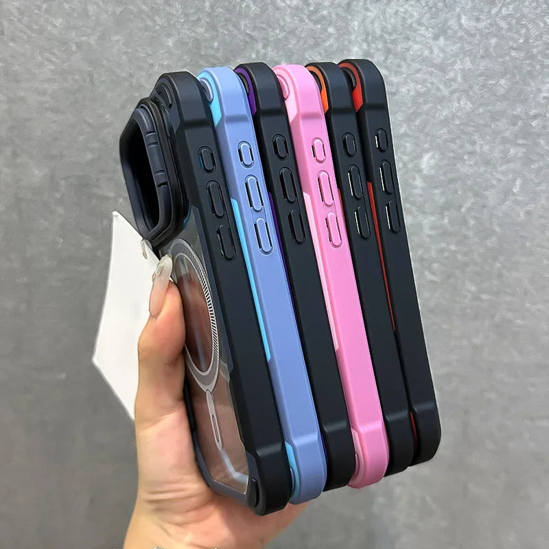 Armor Fold Lens Stand Protect For Magsafe Case For iPhone 16 13 12 14 15 Pro Max Plus Magnetic Wireless Charg Shockproof Cover
