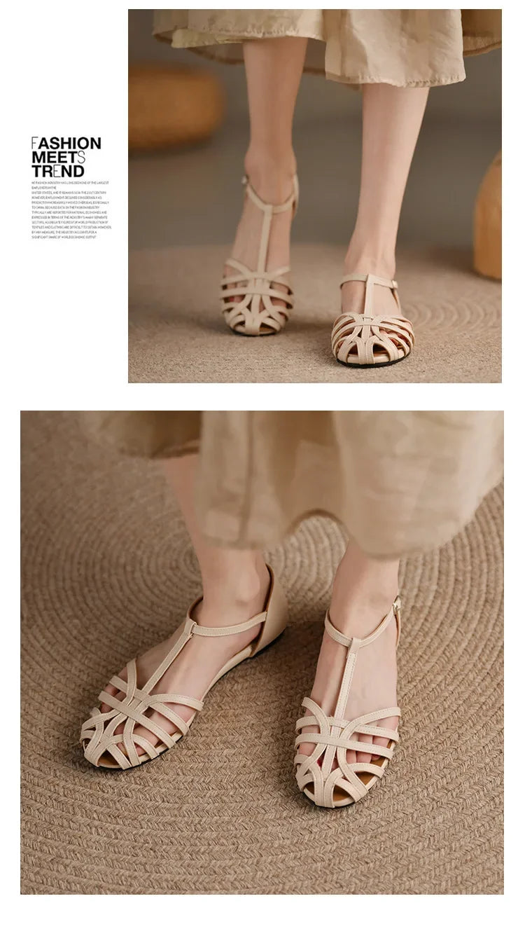 Shoes Female Sandal 2025 Women's Girls Beige New Summer Comfort Low Retro Flat Back Strap Square heel Rubber PU Scandals