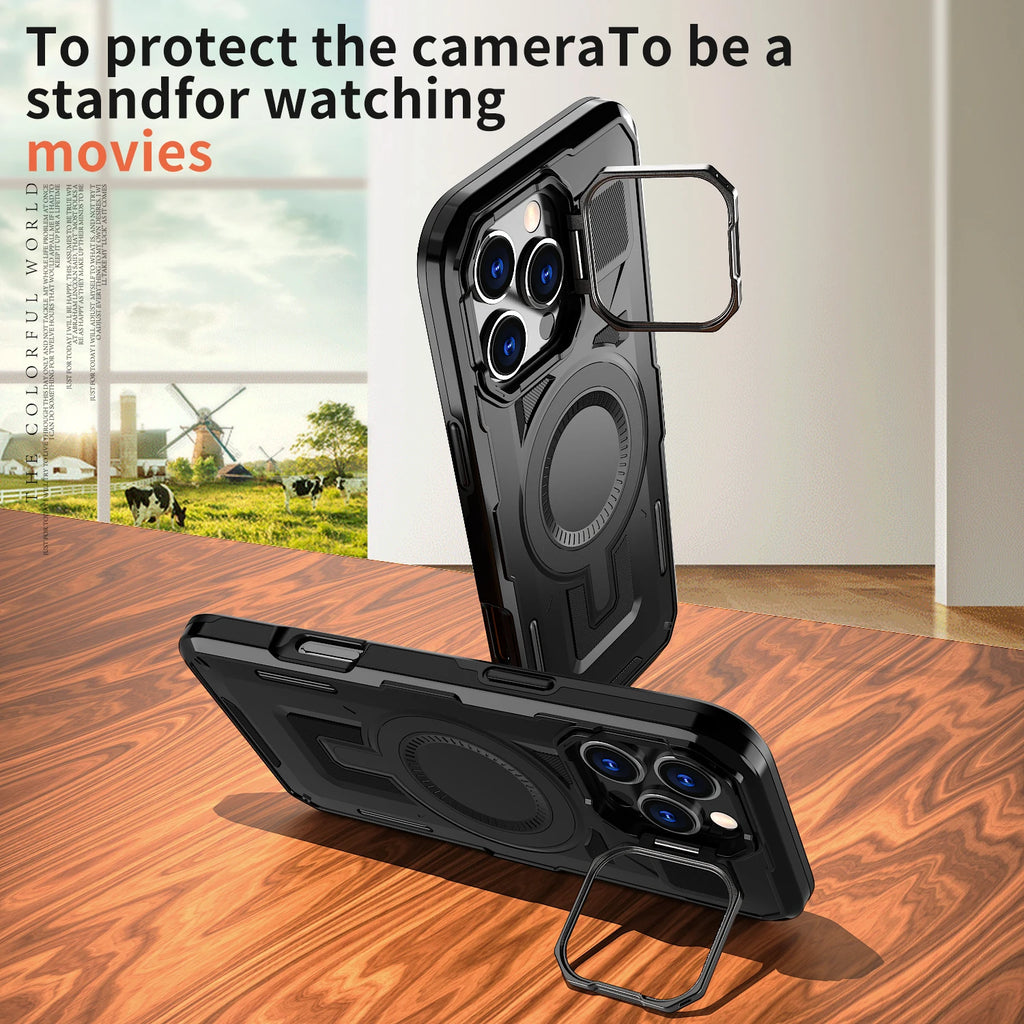 Luxurious Armor Case for iPhone 17 air 16 e 15 14 13 12 11 Pro Max Plus Magnetic Metal Stand Holder Kickstand Protective Hard Co