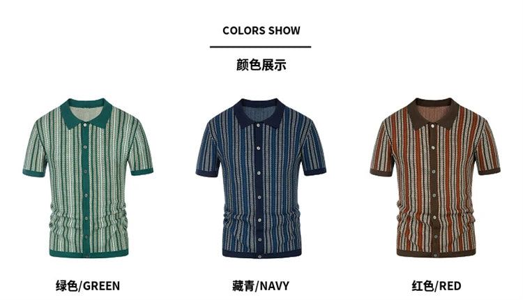 High End Jacquard Striped Polo Shirts For Men Short Sleeve Elastic Summer Quality Viscose Knitted Smart Casual Camisas De Hombre