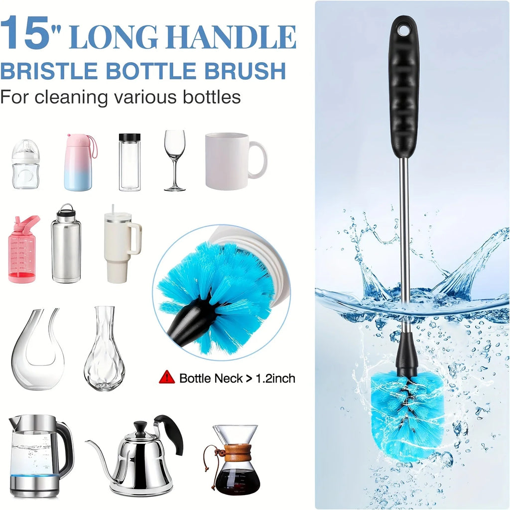 3-in-1 Stainless Steel Water Bottle Brush Set Cleaning Brush Long Handle Water Bottles Cleaner Washing Kitchen Scrubbing Tools