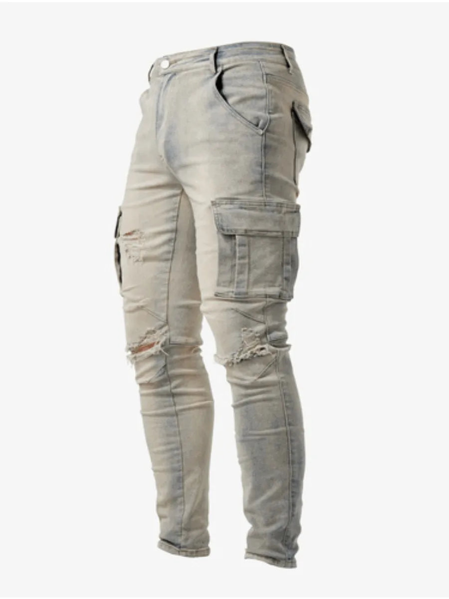 Men's Ripped Jeans Trendy Streetwear Slim Fit Tight Ripped Skinny Pants