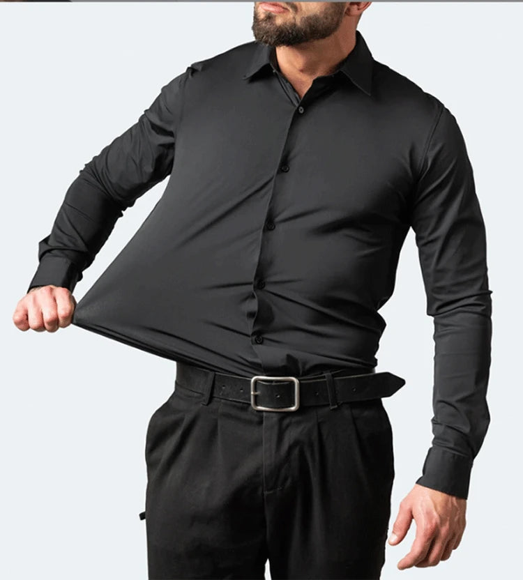 Plus Size 7XL 6XL High Elasticity Seamless Spandex Shirt Men Long Sleeve Slim Fit Casual Solid Color Social Formal Dress Shirts
