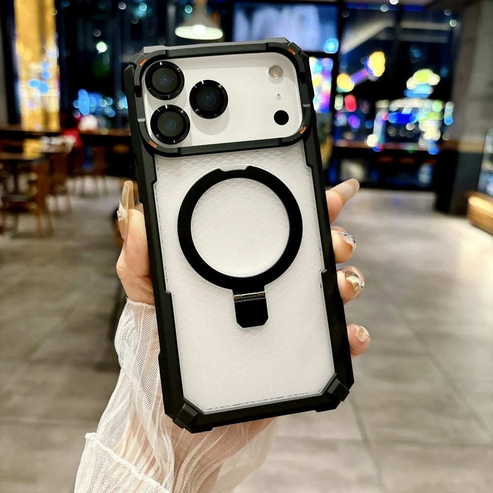 Rugged Shockproof Metal Magnetic Case For iPhone 17 Air 16 15 14 13 12 Pro Max Plus Holder With Camera Glass Ring Armor Cover