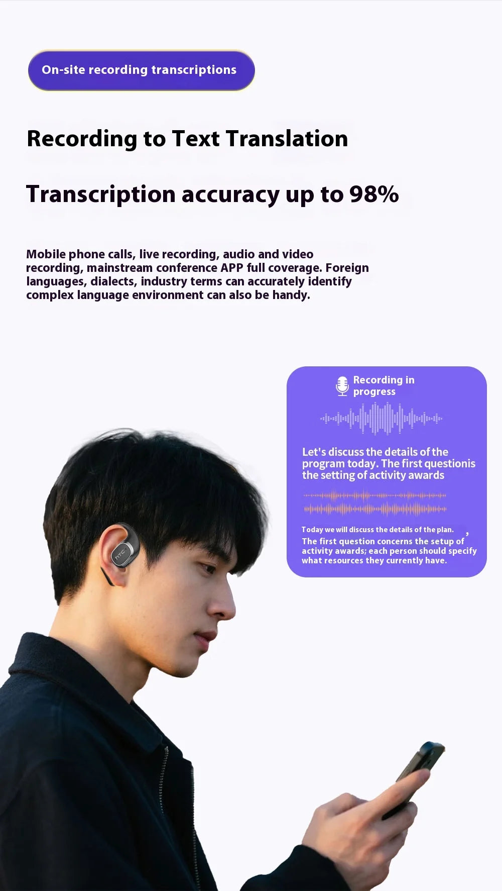 HTC AI Translation Earphones Microsoft Model High Definition Screen 48H long Battery Endurance Wireless Bluetooth Office Gift