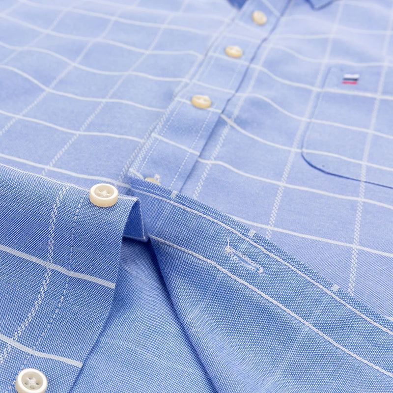 2026 100% Pure Cotton Men's Oxford Short Sleeve Square Collar Soild Plaid Striped Summer Casual Shirts Single Pocket  Shirt