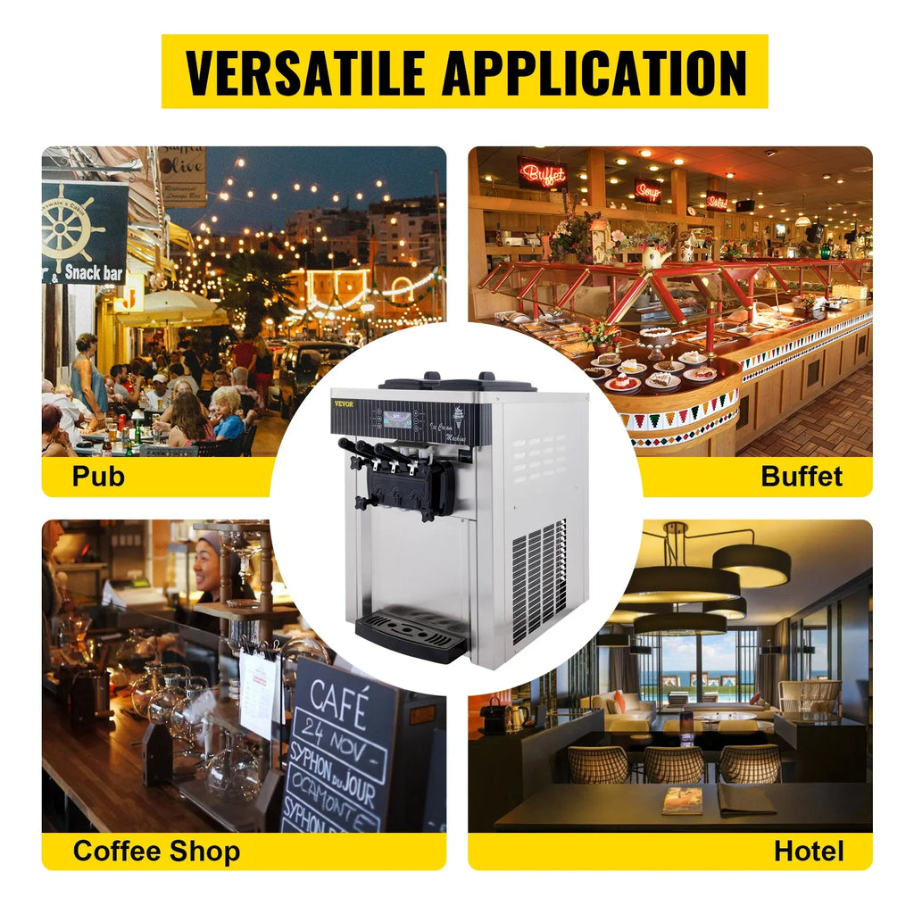VEVOR Commercial Ice Cream Machine 5.3 to 7.4Gal per Hour Soft Serve with LED Display Auto Clean 3 Flavors for Restaurant