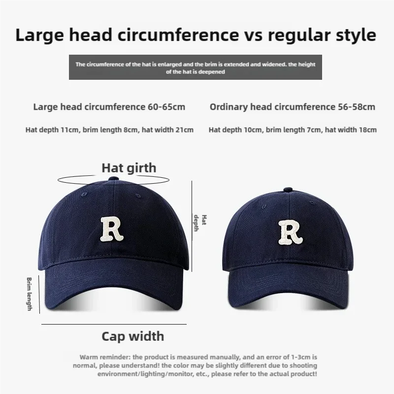 2025 Large Head Circumference Baseball Cap Men's /Women's Dome Hat Soft Top Cap 60/65cm Sun Protection  Letter R Hat Adult Caps