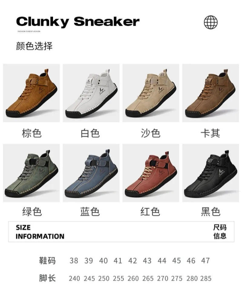 Winter New Men's Low-top Ankle Boots High Quality Hand-stitched Hook&loop Leather Casual Sneakers Classic Man Shoes Plus Size 48
