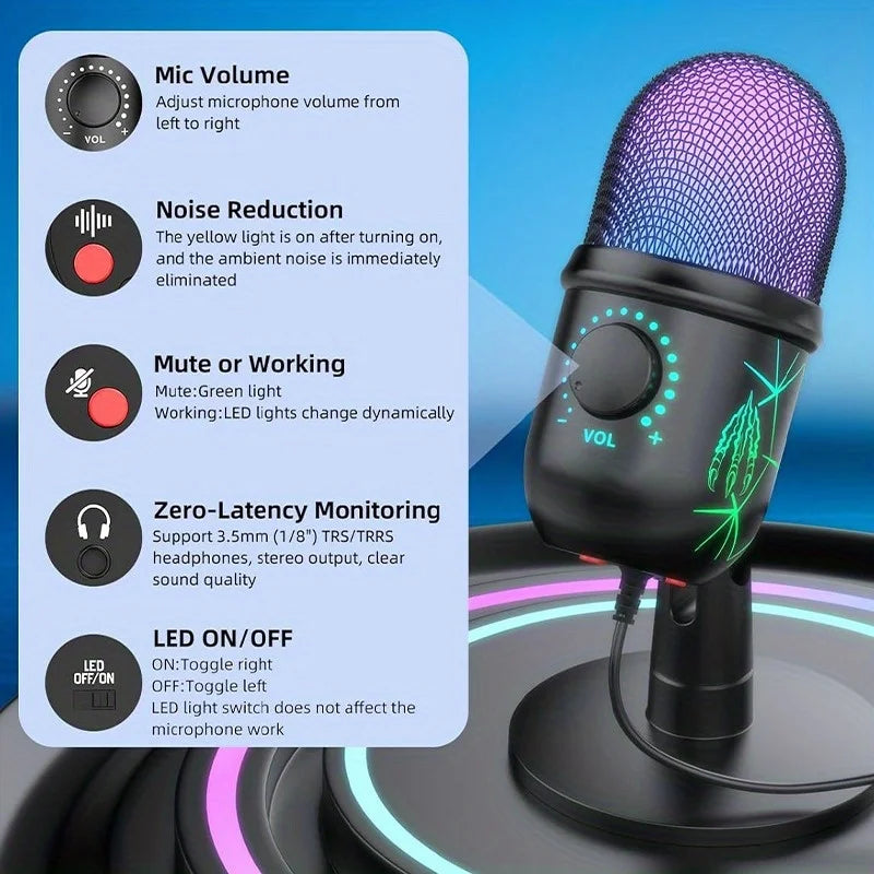 USB Microphone for Live Streaming And Karaoke V5 Noise Cancelling Gaming Condenser Microphone with Mobile Phone Stand