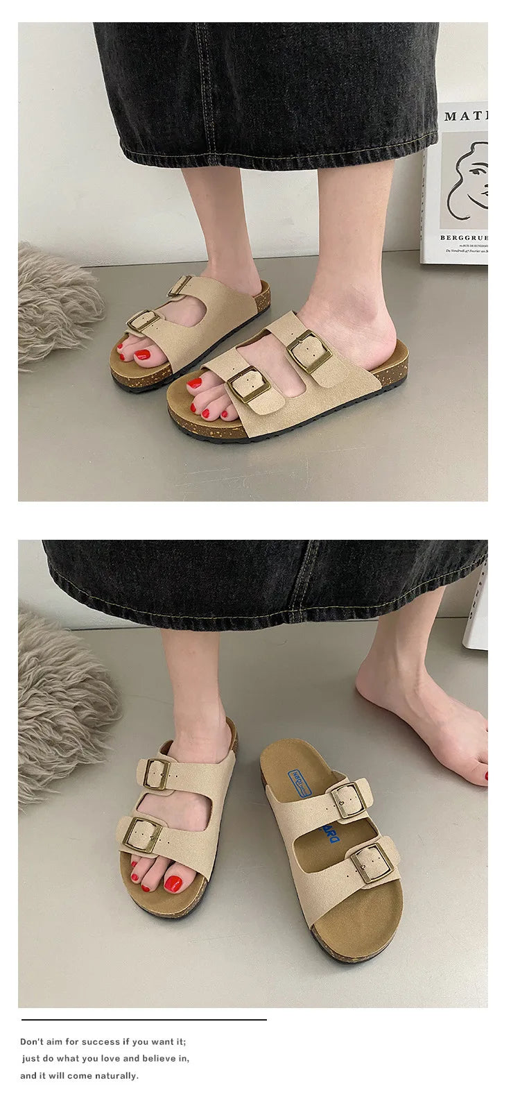 Litfun Women's Cork Footbed Sandals Classic Flat Sandals Fashion Thick Bottom Double Buckle Slides Beach Sandals With Adjustable