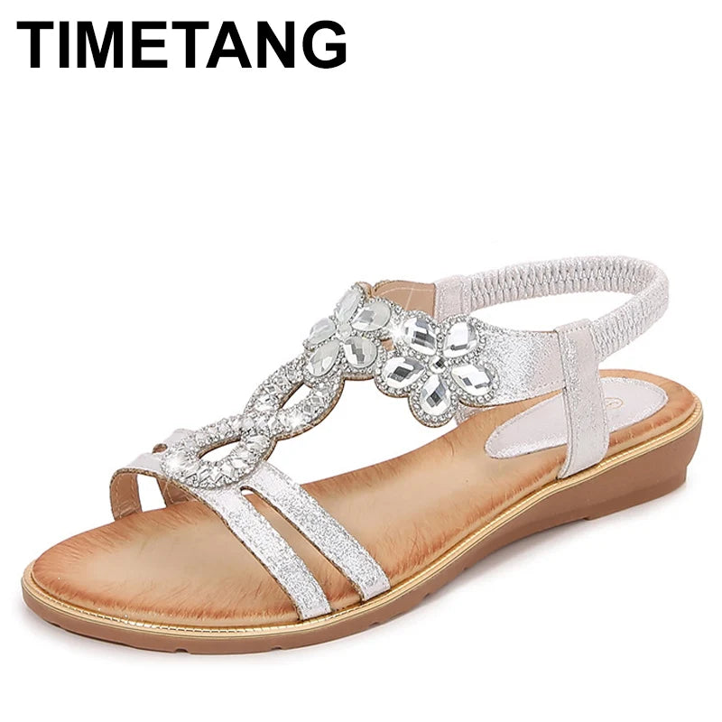 Women Flat Shoes Summer Luxury Designer Rhinestone Sandals Diamond Elegant Glitter Beach Sandals Black Silver Gold Sandals