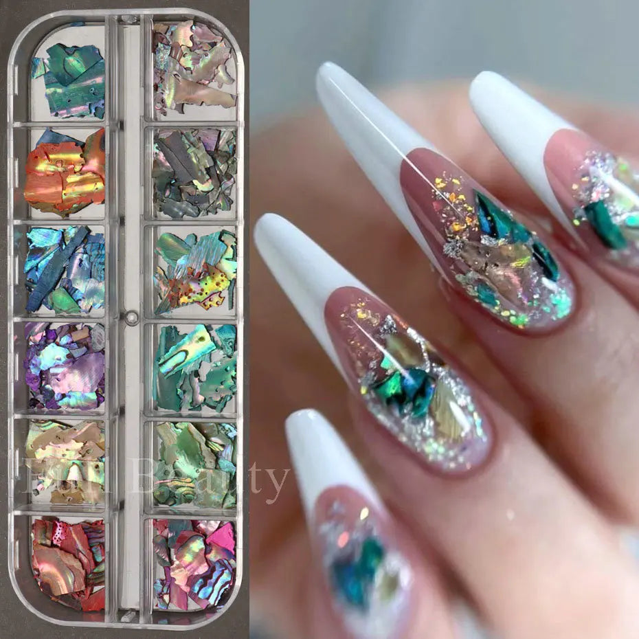 6/12Grid Abalone Sea Shell for Nails Holographic Mirror Nail Art Glitter Flakes Rainbow Mermaid Irregular Sequins Manicure Decor