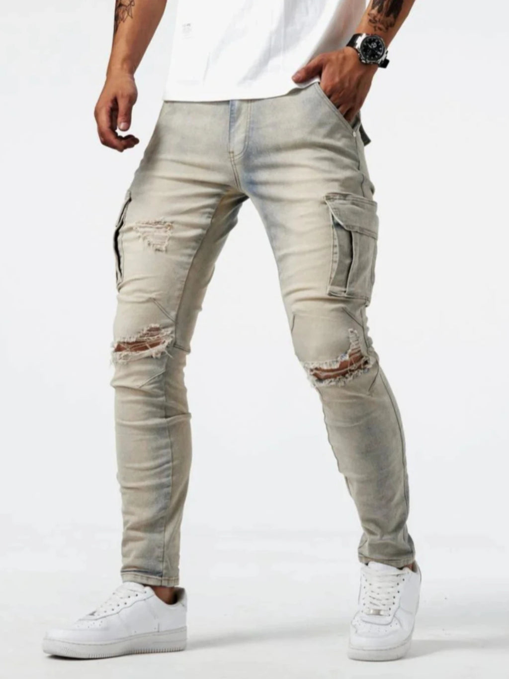 Men's Ripped Jeans Trendy Streetwear Slim Fit Tight Ripped Skinny Pants