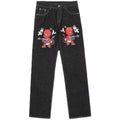 Men Women Cherry Blossom Knight All Embroidery Denim Pants Y2k Vintage Baggy Street Straight Jeans High Waisted Washed Blue Jean