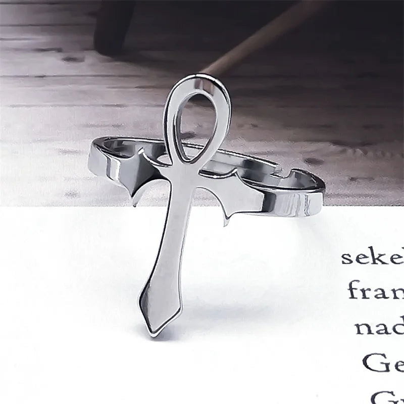 Egyptian Ankh Cross Ring Stainless Steel Anubis Life Symbol Adjustable Egypt Trend Finger Ring Party Jewelry Gift for Women Men