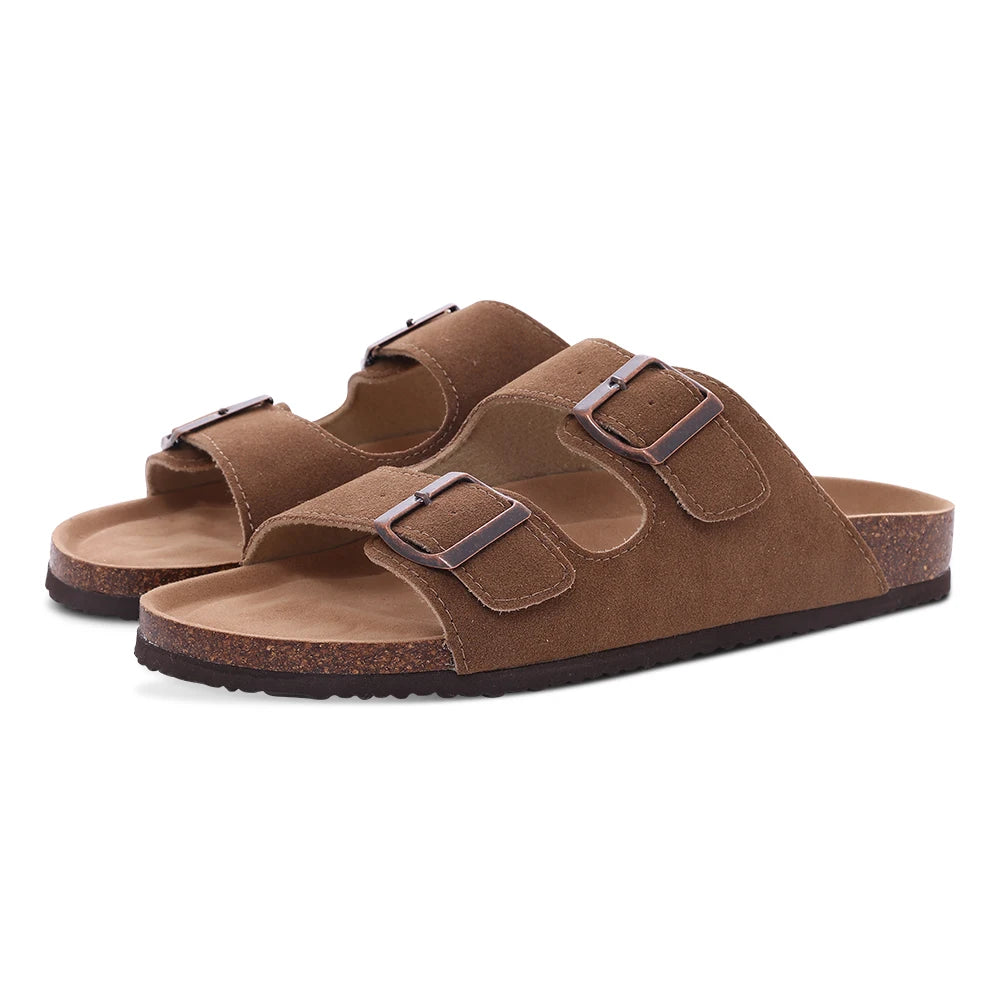 Litfun Women's Cork Footbed Sandals Classic Flat Sandals Fashion Thick Bottom Double Buckle Slides Beach Sandals With Adjustable