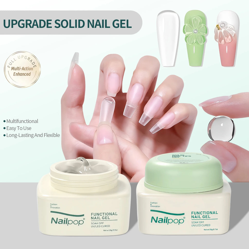 Nailpop Solid Nail Gel Adhesive For Press-On Nails Ultra Strong Adhesion Clear False Nail Gel Soak UV Extension Nail Gel 20g