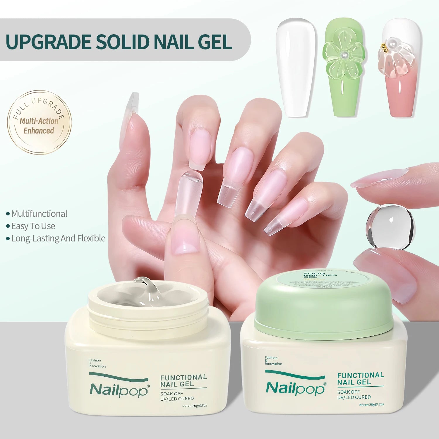 Nailpop Solid Nail Gel Adhesive For Press-On Nails Ultra Strong Adhesion Clear False Nail Gel Soak UV Extension Nail Gel 20g