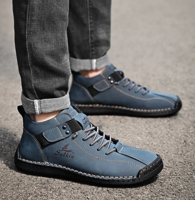 Winter New Men's Low-top Ankle Boots High Quality Hand-stitched Hook&loop Leather Casual Sneakers Classic Man Shoes Plus Size 48