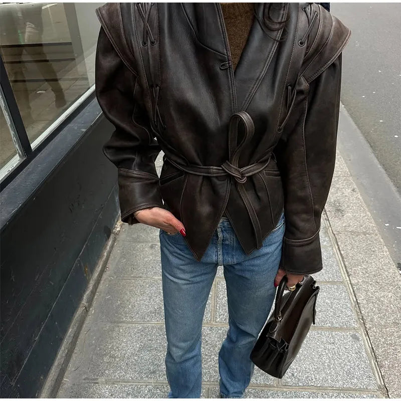 Women Fashion V-neck Lapel Belt Leather Jacket Chic Lace Up High Waist Full Sleeve Overcoat 2025 Lady Autumn High Street Outwear