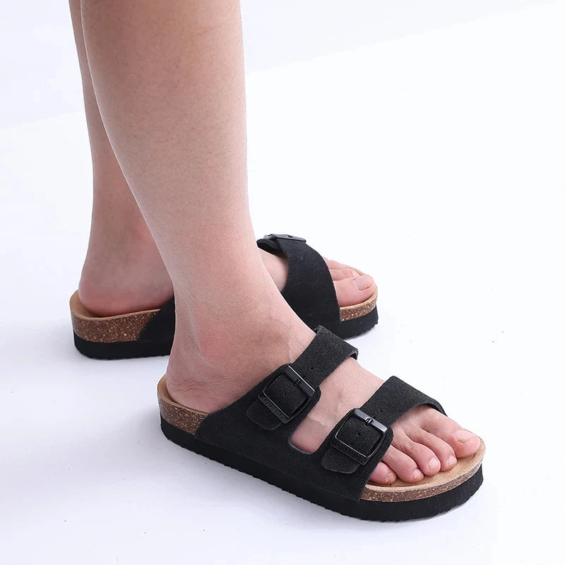 Litfun Women's Cork Footbed Sandals Classic Flat Sandals Fashion Thick Bottom Double Buckle Slides Beach Sandals With Adjustable