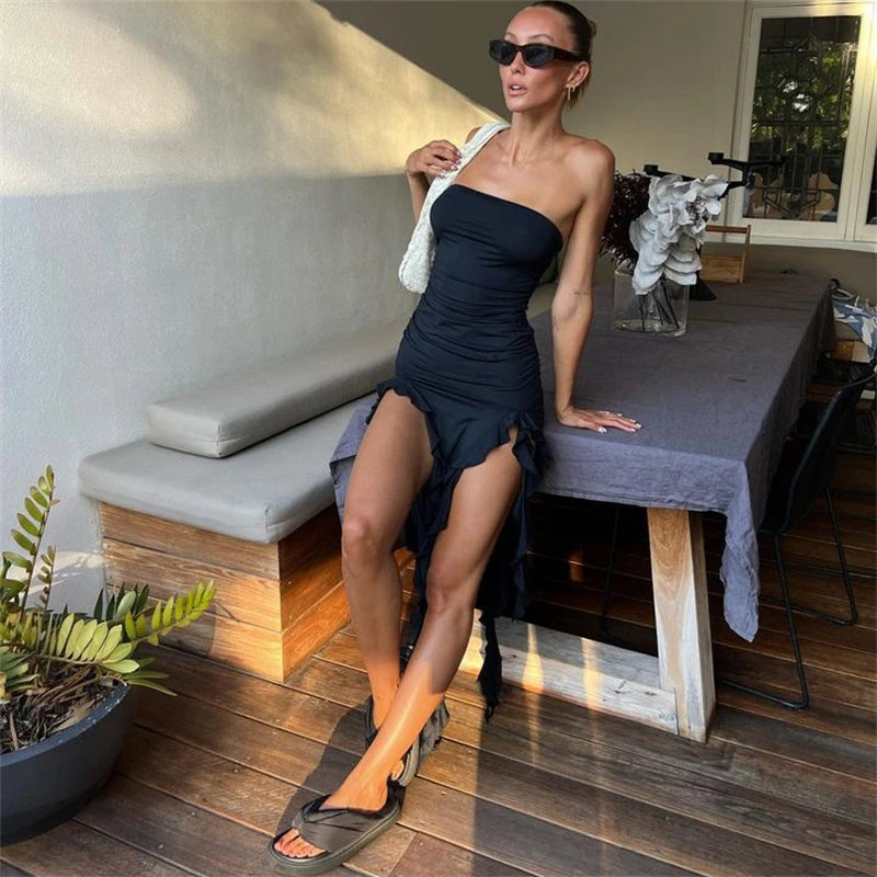 2024 Summer Maxi Women's Dress Vintage Elegant black Fashion Sleeveless Slim Backless Irregular Tassel Party Dresses Street Robe