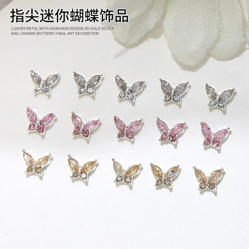 10PCS 3D Mini Crystal Butterfly Nail Art Charms Jewelry Parts Accessories Luxury Alloy Nails Decoration Rhinestones Supplies