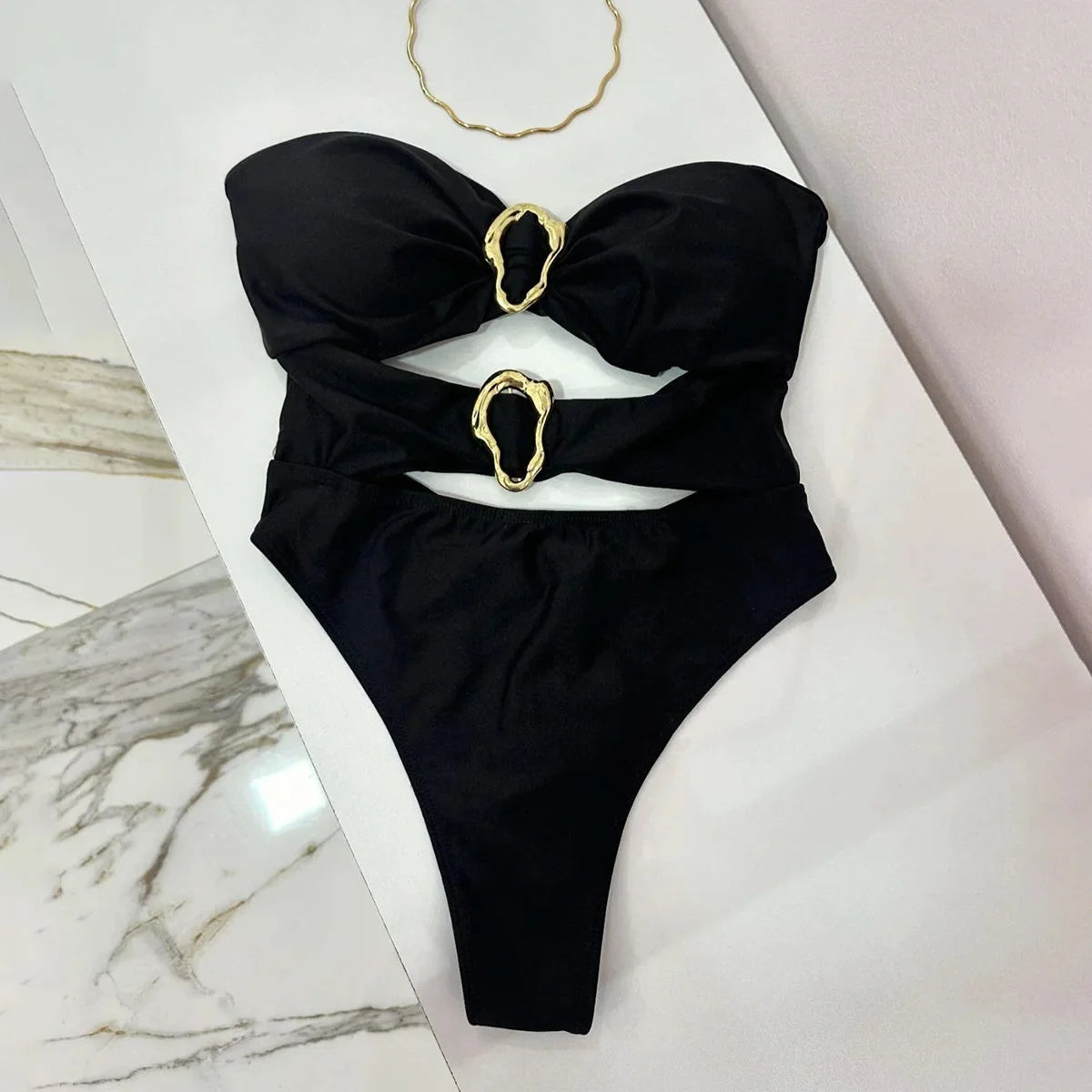 3 Colors Sexy Metal Rings Cut Out Women Swimwear One Piece Swimsuit Female Bandeau High Leg Cut Bather Bathing Suit Swim B022D - EXPRESS STORE