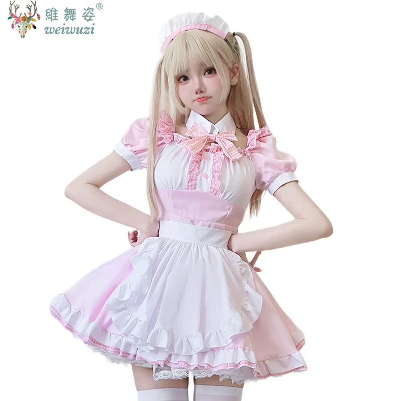 Japanese Sweet Cute Lolita Dress Maid Cosplay Costume Pink Bow Maid Dress Girl Fashion Stage Perfermance Fancy Costume Catwomen