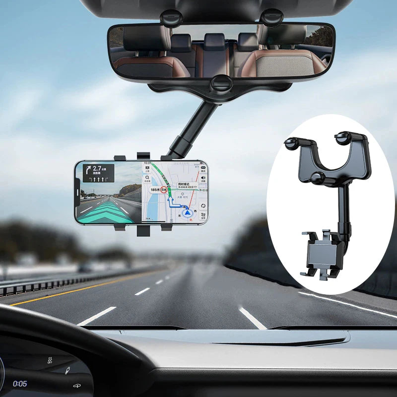 360° Car Rearview Mirror Phone Holder Mount Phone and GPS Holder Universal Rotating Adjustable Telescopic Phone Stand Support