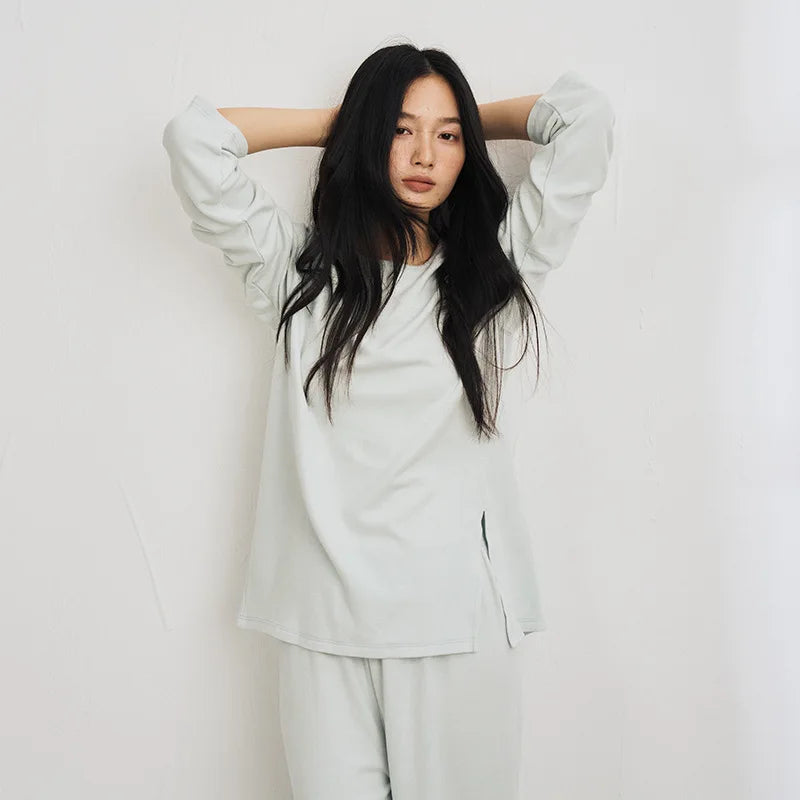 Autumn Winter Women Double-sided Brushed Pajamas T Shirt Pant Two Piece Set for home